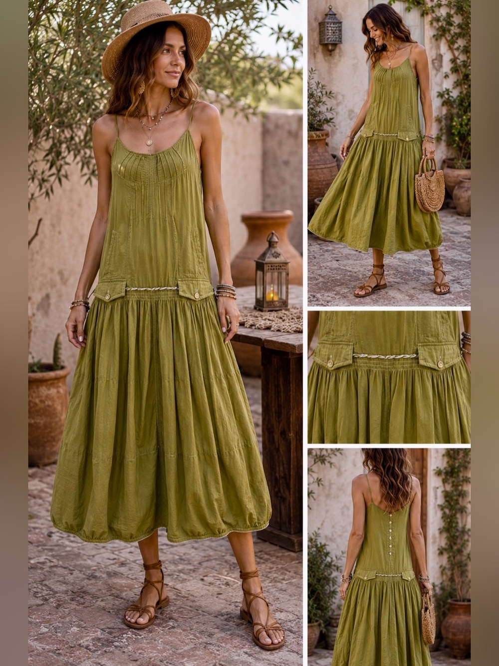 Chaudry Kc Sleeveless Olive Green Drop Waist Boho Maxi Dress w/ Pintuck Bodice